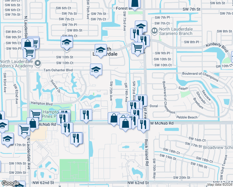 map of restaurants, bars, coffee shops, grocery stores, and more near 7430 Southwest 12th Court in North Lauderdale