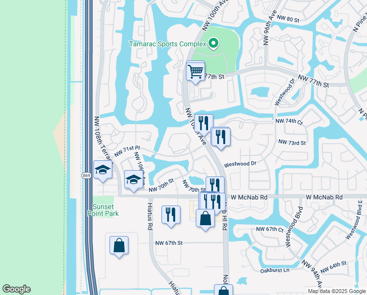 map of restaurants, bars, coffee shops, grocery stores, and more near 7164 Ashmont Circle in Tamarac