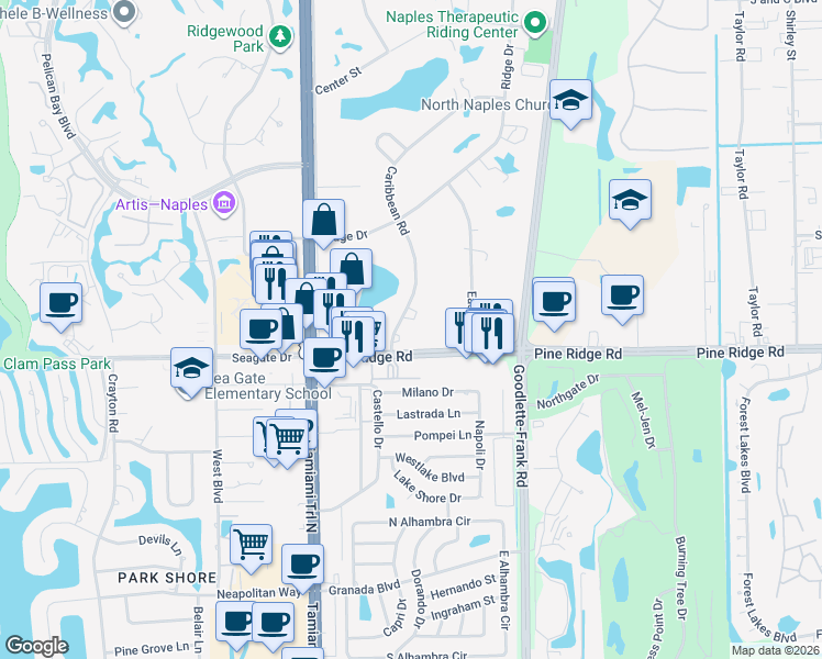 map of restaurants, bars, coffee shops, grocery stores, and more near 32 Caribbean Road in Naples