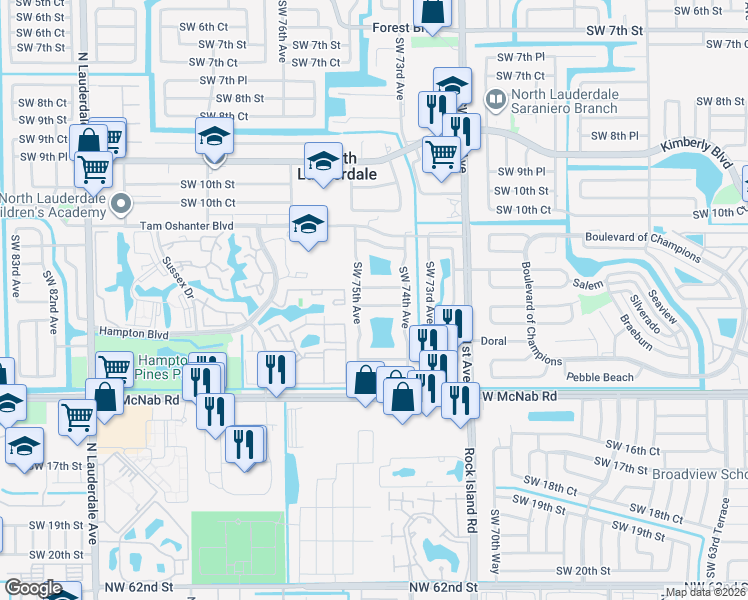 map of restaurants, bars, coffee shops, grocery stores, and more near 7430 Southwest 12th Court in North Lauderdale