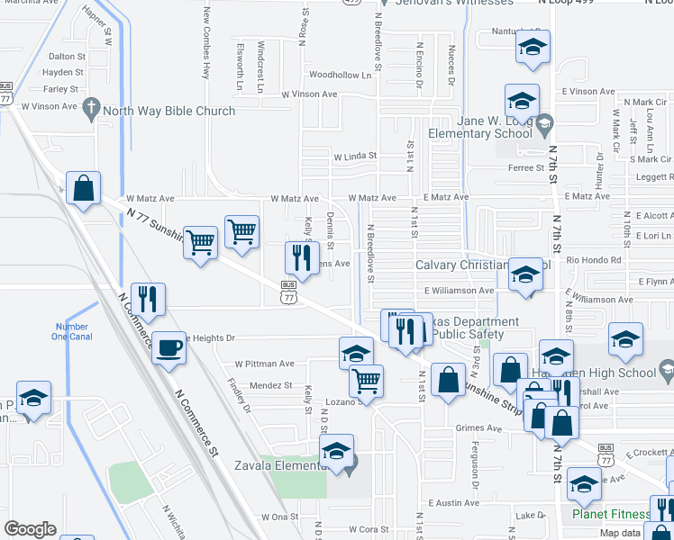 map of restaurants, bars, coffee shops, grocery stores, and more near 417 West Pickens Avenue in Harlingen