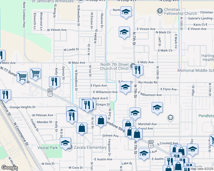 map of restaurants, bars, coffee shops, grocery stores, and more near 2001 North 3rd Street in Harlingen