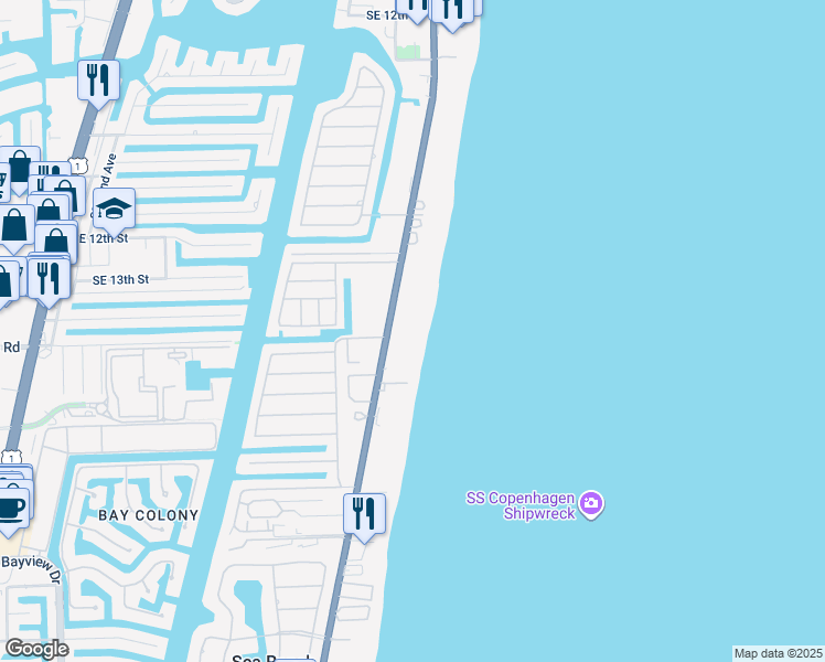 map of restaurants, bars, coffee shops, grocery stores, and more near 1470 South Ocean Boulevard in Pompano Beach