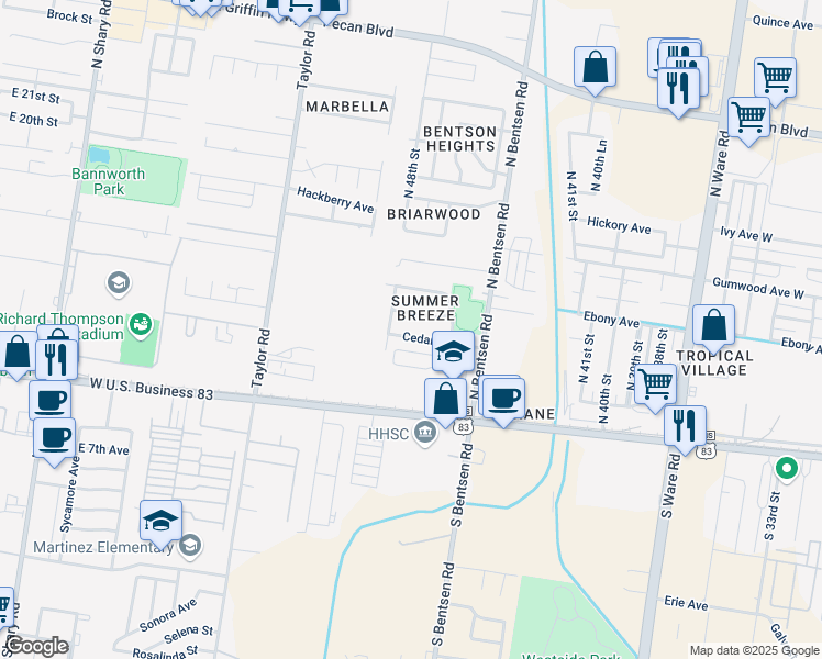 map of restaurants, bars, coffee shops, grocery stores, and more near 4717 Datepalm Avenue in McAllen