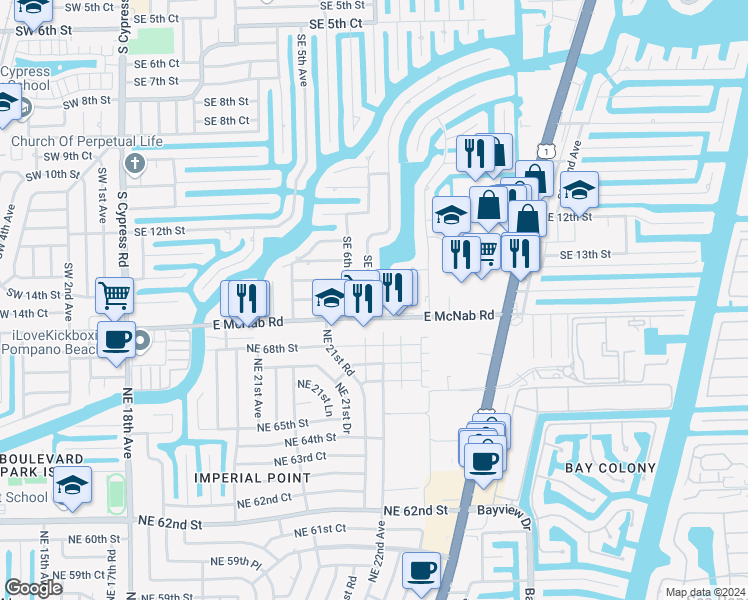 map of restaurants, bars, coffee shops, grocery stores, and more near 1370 Southeast 7th Avenue in Pompano Beach
