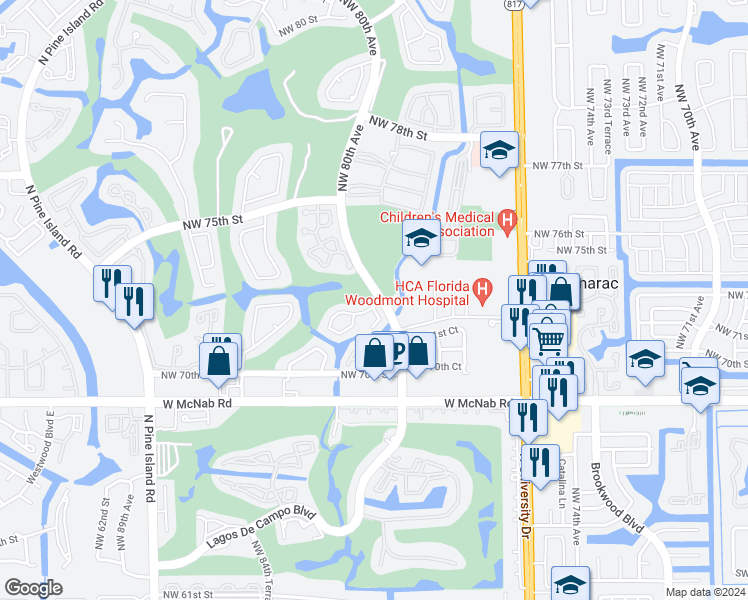 map of restaurants, bars, coffee shops, grocery stores, and more near 8001 Northwest 72nd Street in Tamarac