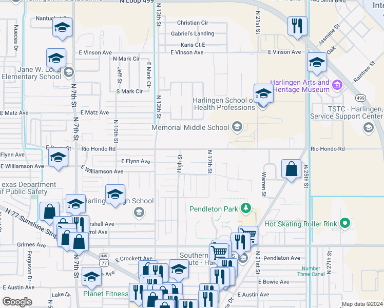 map of restaurants, bars, coffee shops, grocery stores, and more near 1830 High Street in Harlingen