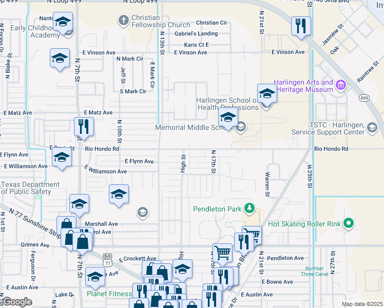 map of restaurants, bars, coffee shops, grocery stores, and more near 1830 High Street in Harlingen