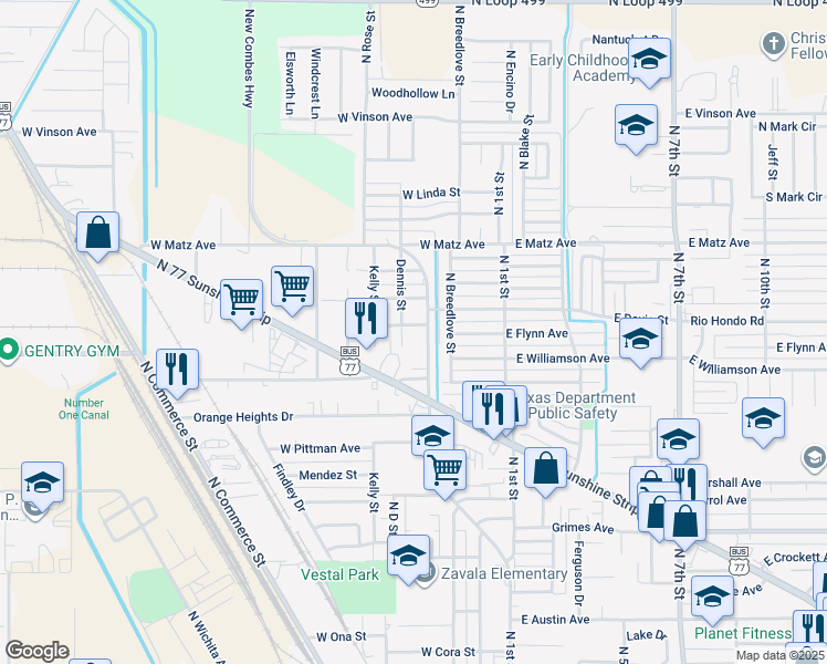 map of restaurants, bars, coffee shops, grocery stores, and more near 414 West Pickens Avenue in Harlingen