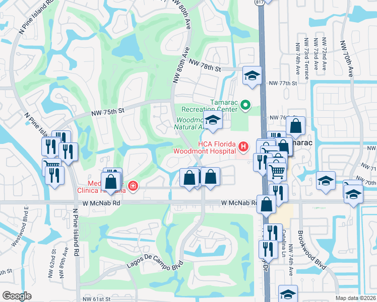 map of restaurants, bars, coffee shops, grocery stores, and more near 8001 Northwest 72nd Street in Tamarac