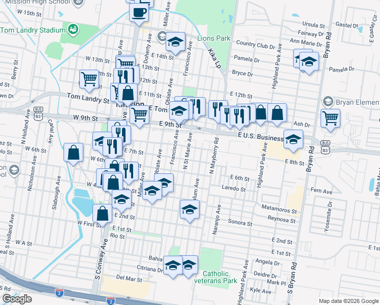 map of restaurants, bars, coffee shops, grocery stores, and more near 714 North Saint Marie Street in Mission