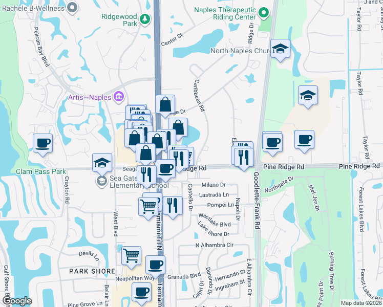 map of restaurants, bars, coffee shops, grocery stores, and more near 17 Caribbean Road in Naples
