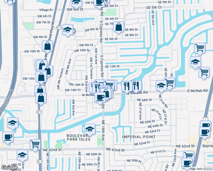 map of restaurants, bars, coffee shops, grocery stores, and more near 21 Southeast 14th Street in Pompano Beach