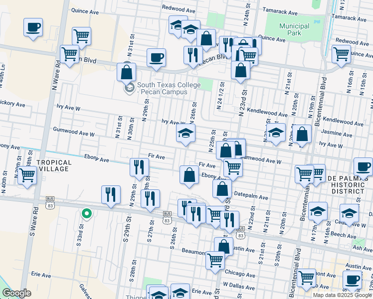map of restaurants, bars, coffee shops, grocery stores, and more near 2600 Gumwood Avenue in McAllen