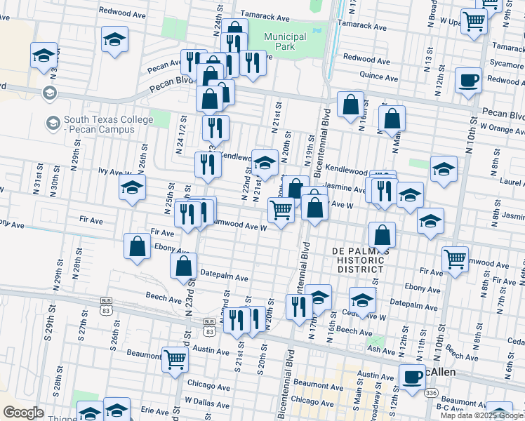 map of restaurants, bars, coffee shops, grocery stores, and more near 2100 Hackberry Avenue in McAllen