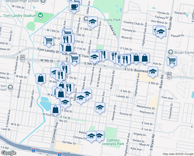 map of restaurants, bars, coffee shops, grocery stores, and more near 714 North Saint Marie Street in Mission