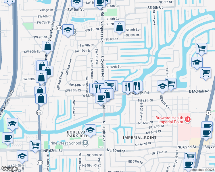 map of restaurants, bars, coffee shops, grocery stores, and more near 21 Southeast 14th Street in Pompano Beach
