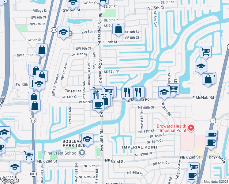 map of restaurants, bars, coffee shops, grocery stores, and more near 151 Southeast 14th Street in Pompano Beach