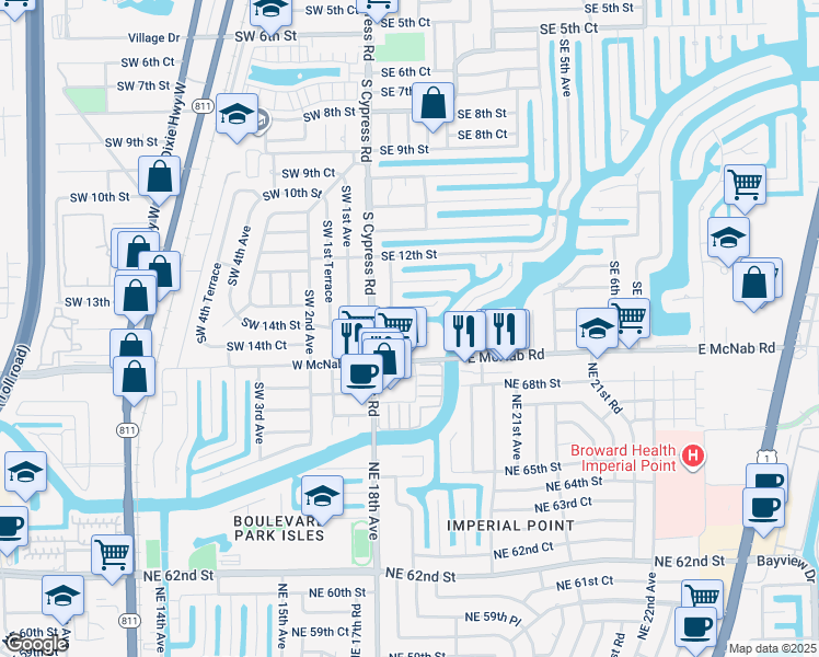 map of restaurants, bars, coffee shops, grocery stores, and more near 151 Southeast 14th Street in Pompano Beach