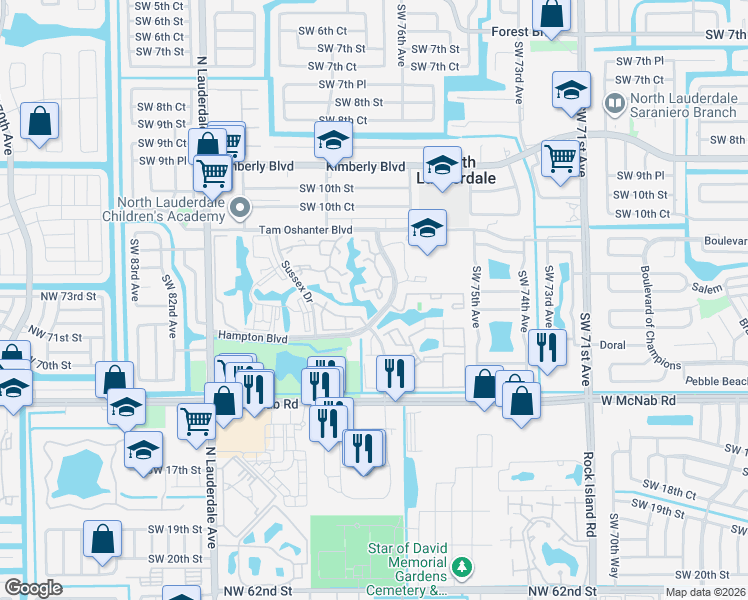 map of restaurants, bars, coffee shops, grocery stores, and more near 1363 Hampton Boulevard in North Lauderdale