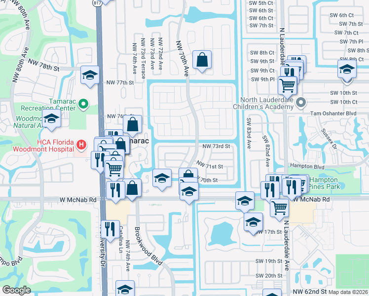 map of restaurants, bars, coffee shops, grocery stores, and more near 7107 Northwest 73rd Street in Tamarac