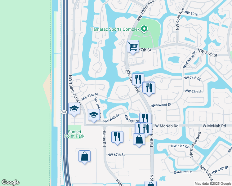 map of restaurants, bars, coffee shops, grocery stores, and more near 7723 Ashmont Circle in Tamarac