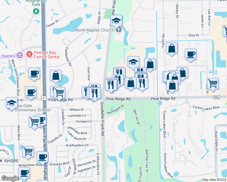 map of restaurants, bars, coffee shops, grocery stores, and more near 1435 Pine Ridge Road in Naples