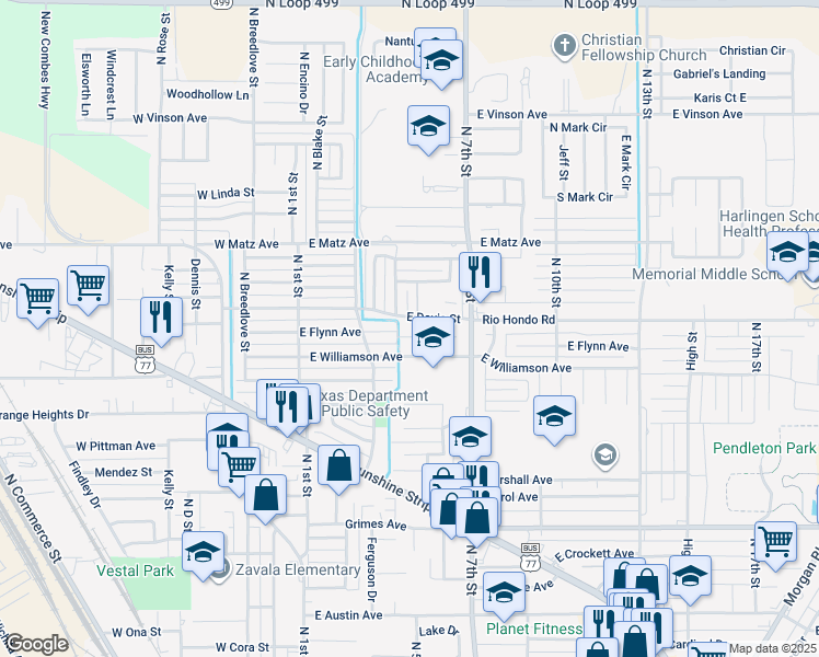map of restaurants, bars, coffee shops, grocery stores, and more near 321 East Flynn Avenue in Harlingen