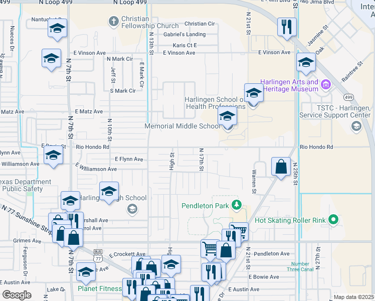 map of restaurants, bars, coffee shops, grocery stores, and more near 1518 Rio Hondo Road in Harlingen