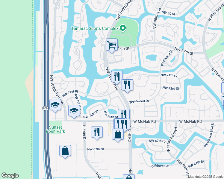 map of restaurants, bars, coffee shops, grocery stores, and more near 7124 Ashmont Circle in Tamarac