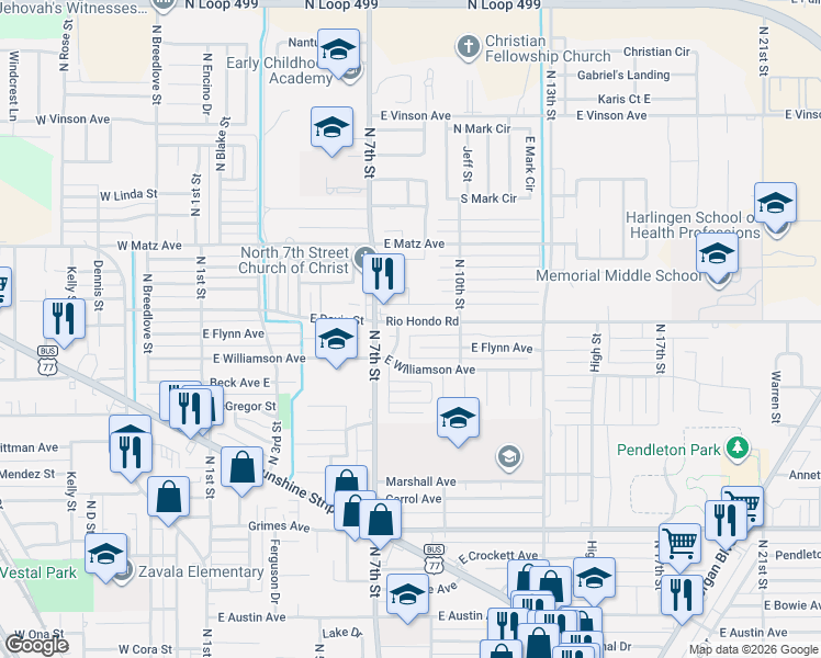 map of restaurants, bars, coffee shops, grocery stores, and more near 802 Rio Hondo Road in Harlingen