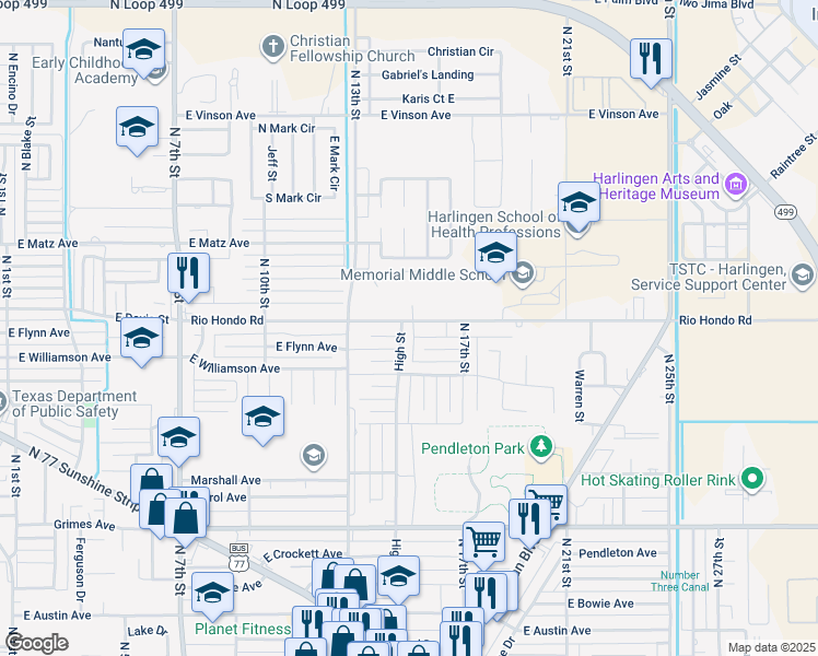 map of restaurants, bars, coffee shops, grocery stores, and more near 1830 High Street in Harlingen