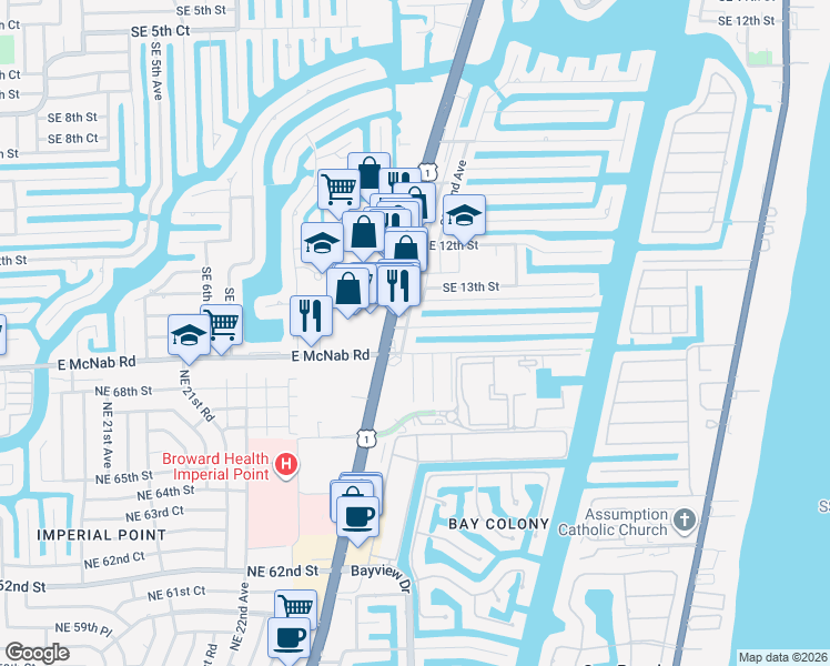 map of restaurants, bars, coffee shops, grocery stores, and more near 2206 Southeast 14th Street in Pompano Beach