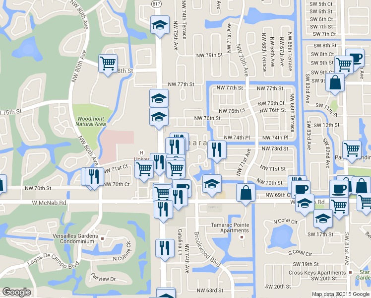 map of restaurants, bars, coffee shops, grocery stores, and more near 7259 Papaya Way in Tamarac