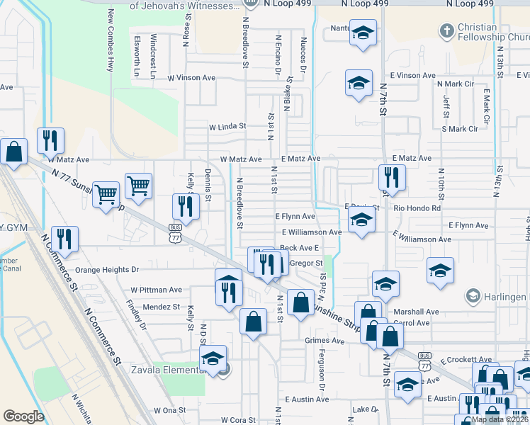 map of restaurants, bars, coffee shops, grocery stores, and more near 110 West Flynn Avenue in Harlingen