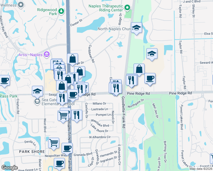 map of restaurants, bars, coffee shops, grocery stores, and more near 25 East Avenue in Naples