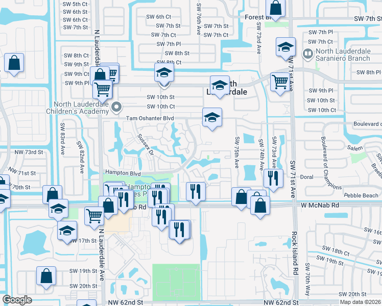 map of restaurants, bars, coffee shops, grocery stores, and more near 1363 Hampton Boulevard in North Lauderdale