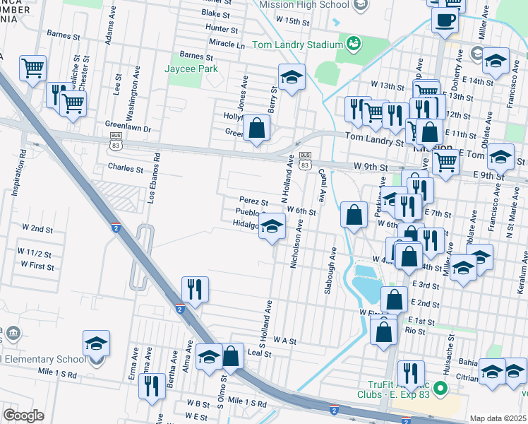 map of restaurants, bars, coffee shops, grocery stores, and more near 832 Pueblo Street in Mission