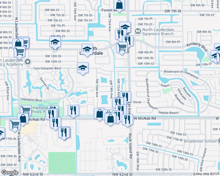 map of restaurants, bars, coffee shops, grocery stores, and more near 7400 Southwest 12th Court in North Lauderdale