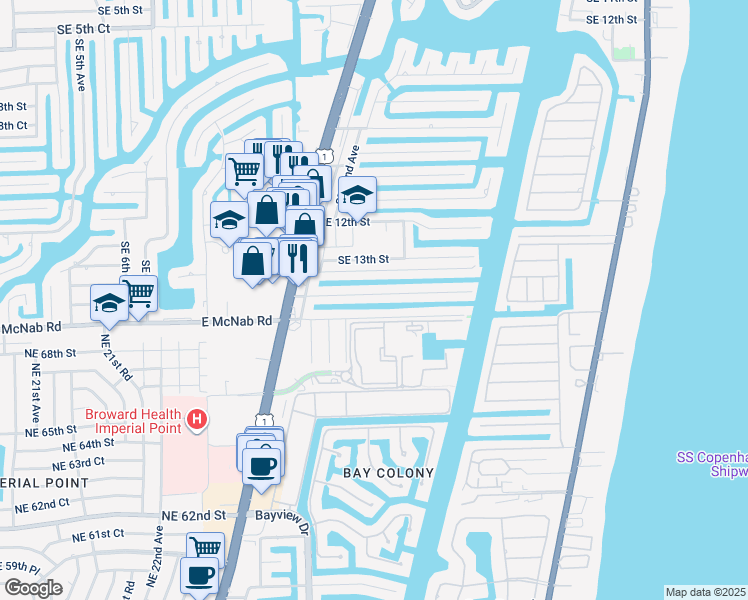 map of restaurants, bars, coffee shops, grocery stores, and more near 2420 Southeast 14th Street in Pompano Beach