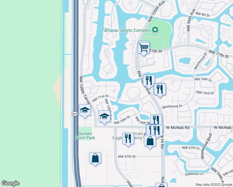 map of restaurants, bars, coffee shops, grocery stores, and more near 10324 East Clairmont Circle in Tamarac