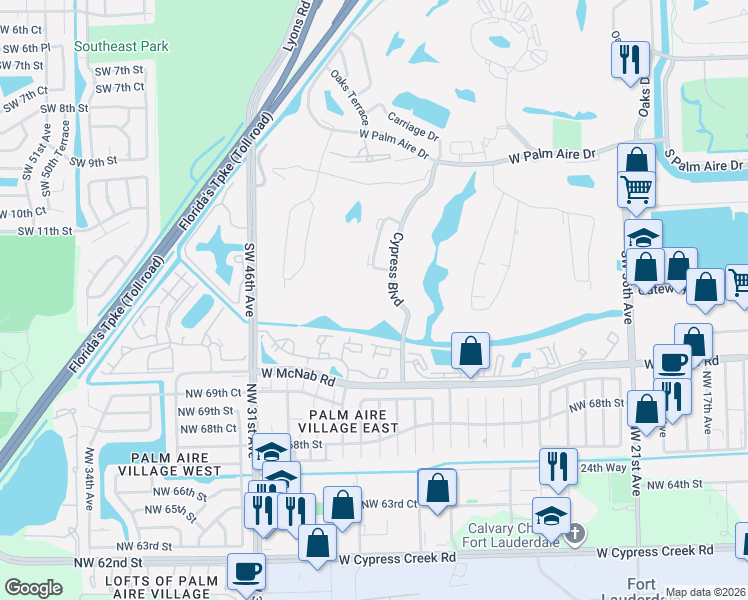 map of restaurants, bars, coffee shops, grocery stores, and more near 821 Cypress Boulevard in Pompano Beach