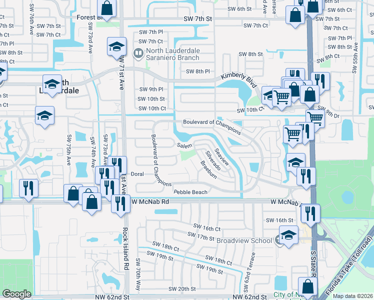 map of restaurants, bars, coffee shops, grocery stores, and more near 6608 Salem in North Lauderdale