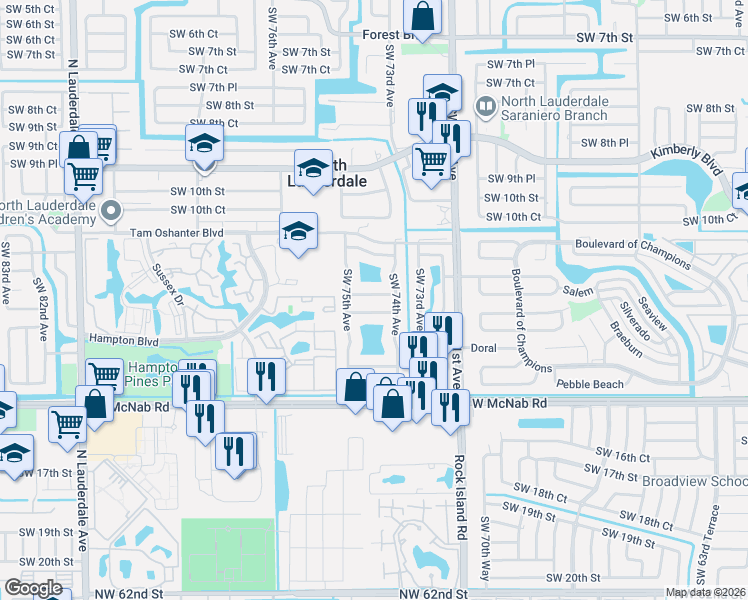 map of restaurants, bars, coffee shops, grocery stores, and more near 7430 Southwest 12th Court in North Lauderdale
