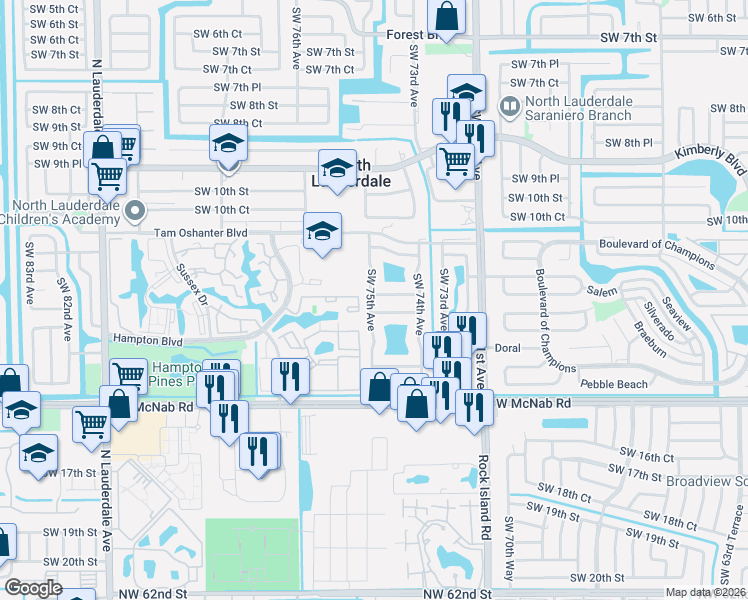 map of restaurants, bars, coffee shops, grocery stores, and more near 7430 Southwest 12th Court in North Lauderdale
