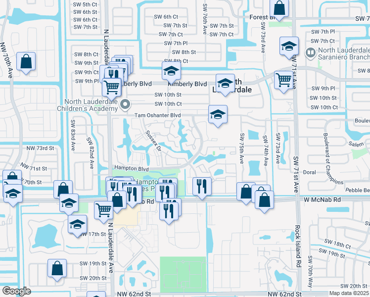 map of restaurants, bars, coffee shops, grocery stores, and more near 1169 Sussex Drive in North Lauderdale