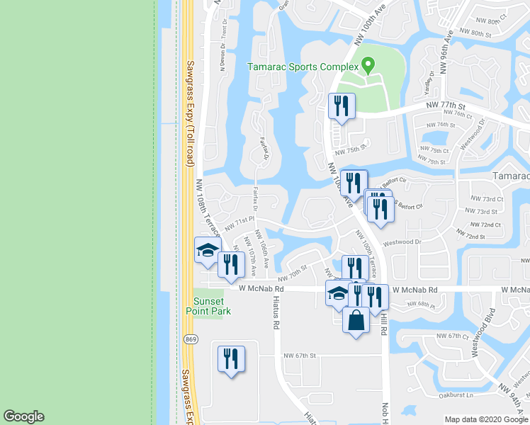 map of restaurants, bars, coffee shops, grocery stores, and more near 10405 East Clairmont Circle in Tamarac