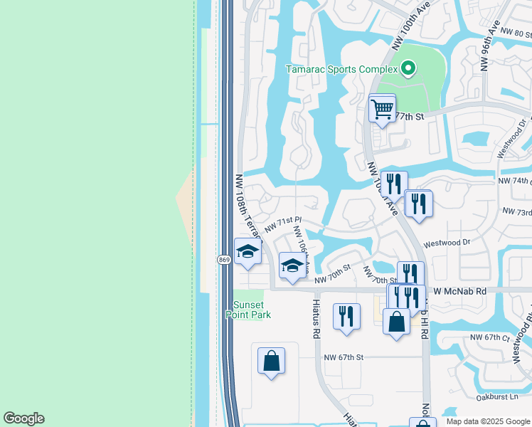 map of restaurants, bars, coffee shops, grocery stores, and more near 10621 West Clairmont Circle in Tamarac