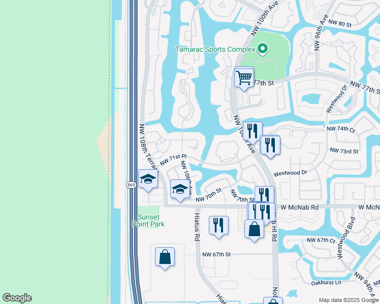 map of restaurants, bars, coffee shops, grocery stores, and more near 10405 East Clairmont Circle in Tamarac