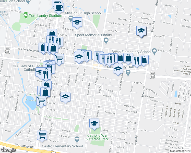 map of restaurants, bars, coffee shops, grocery stores, and more near 749 East 8th Street in Mission